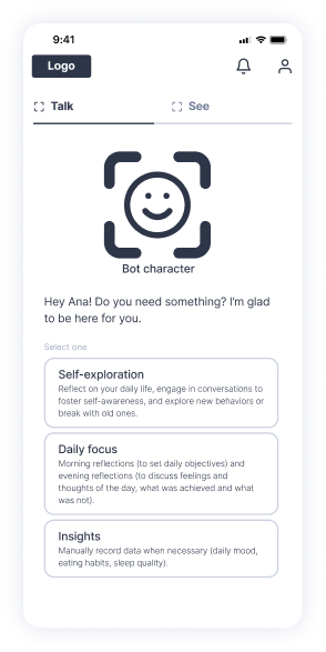 Entry point: choose between self-exploration, daily focus, or insights.