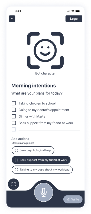 Daily plans and suggested actions to manage stress.