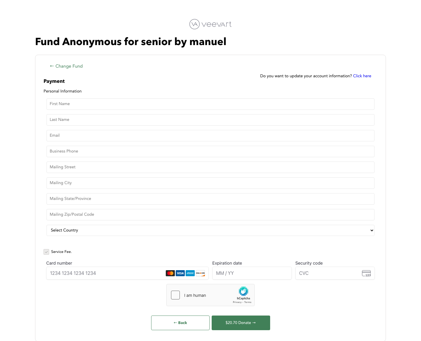 The legacy Veevart donation payment step: a long personal-information form, card fields, and a captcha, all before a gift could be made.